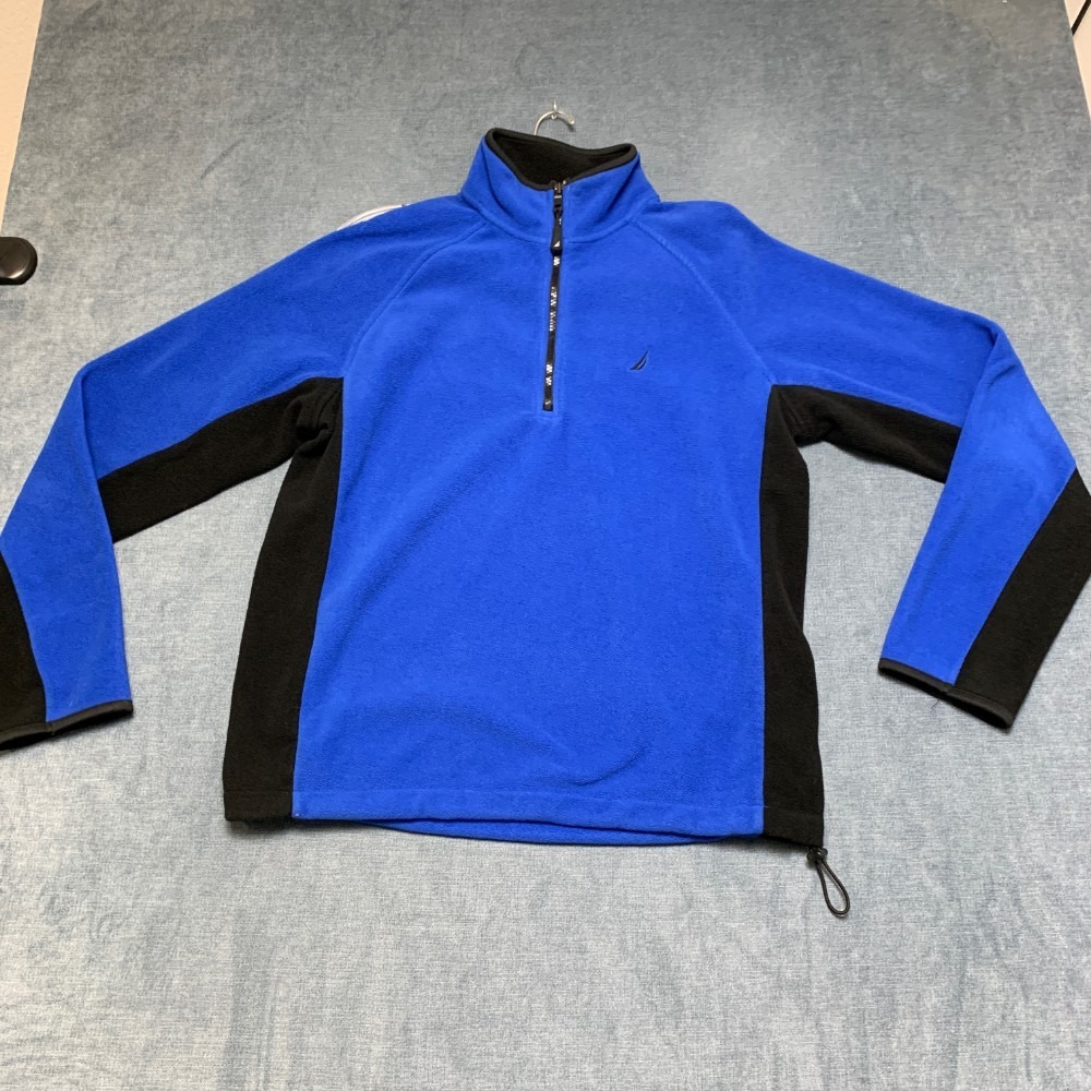 Nautica Fleece Jacket Mens Medium Blue Black Quarter Zip Logo Winter Pullover